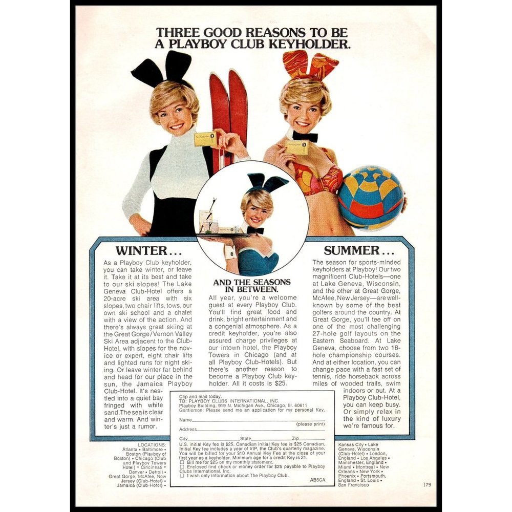 1975 Playboy Club Keyholder Vintage Print Ad Snow Bunny Beach Ball Wall Art